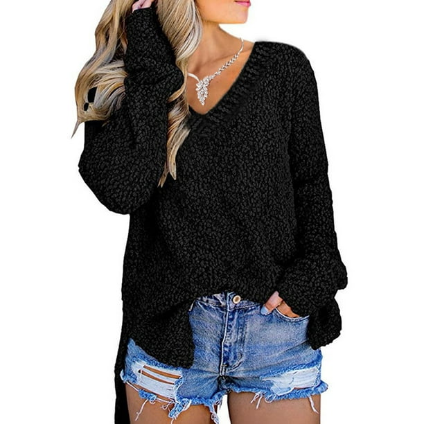 Women Knitted Pullover Jumper Winter Warm Fuzzy Fleece Knitwear Sweater Blouse 